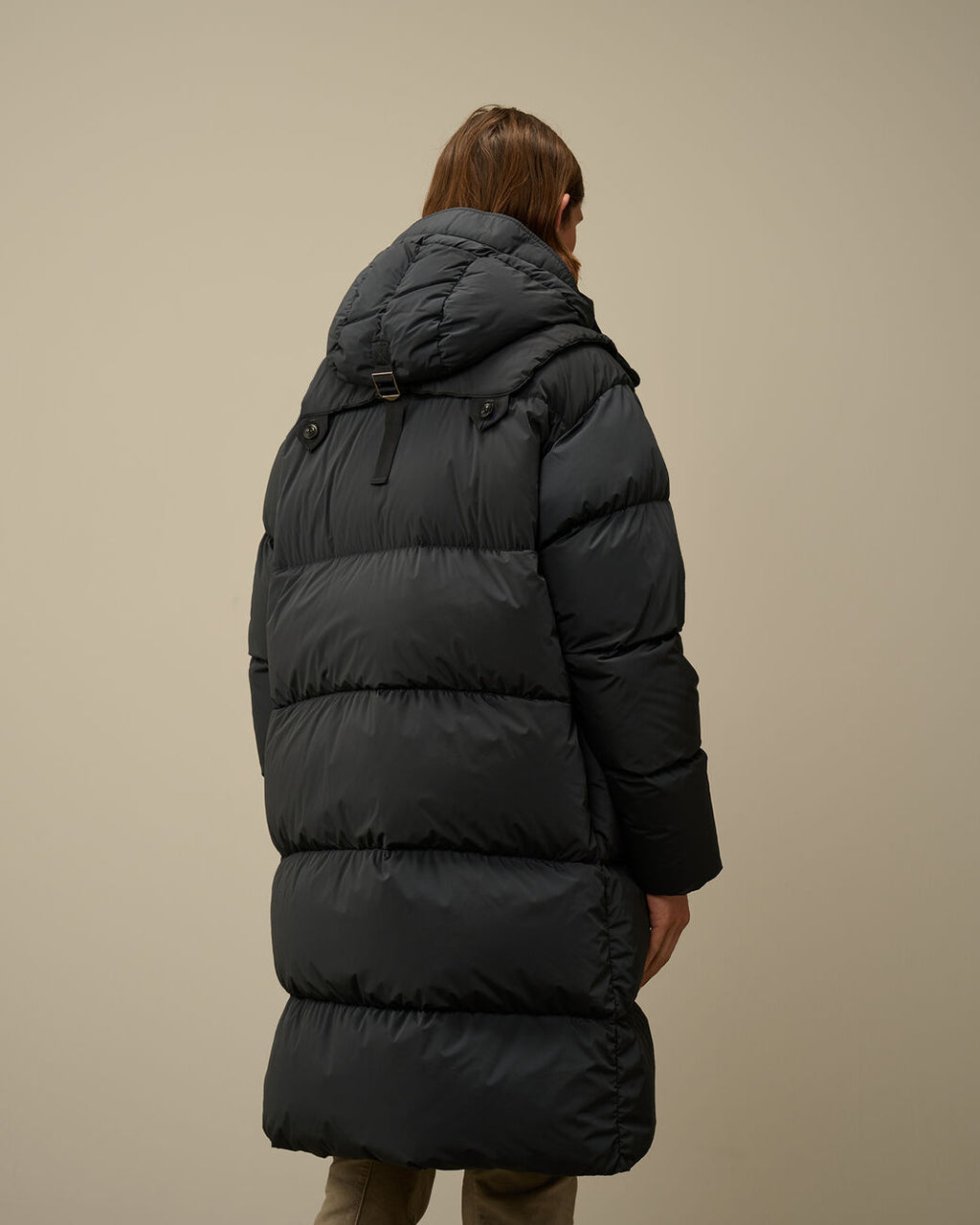 Nycra-R Buttoned Hood Long Down Jacket Black Sand