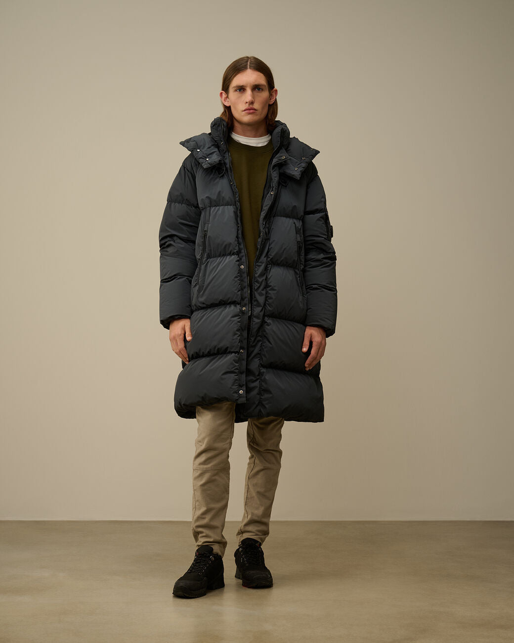 Nycra-R Buttoned Hood Long Down Jacket Black Sand