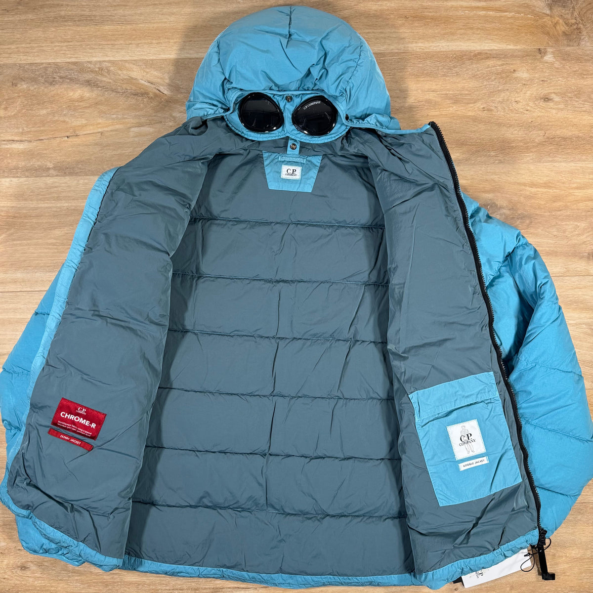C.P. Company Chrome-R Goggle Down Jacket in Aegean Blue