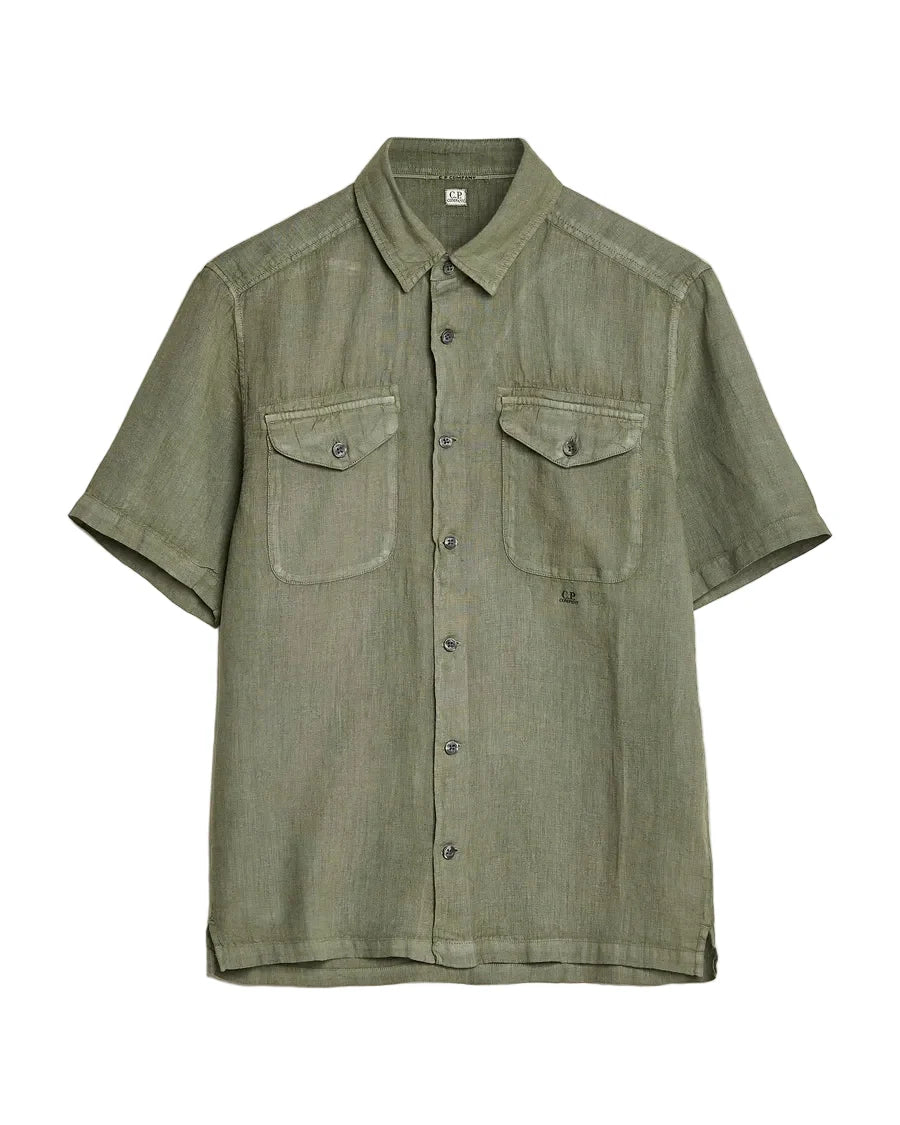 Cp Company Short Sleeve Logo Linen Shirt in Bronze Green