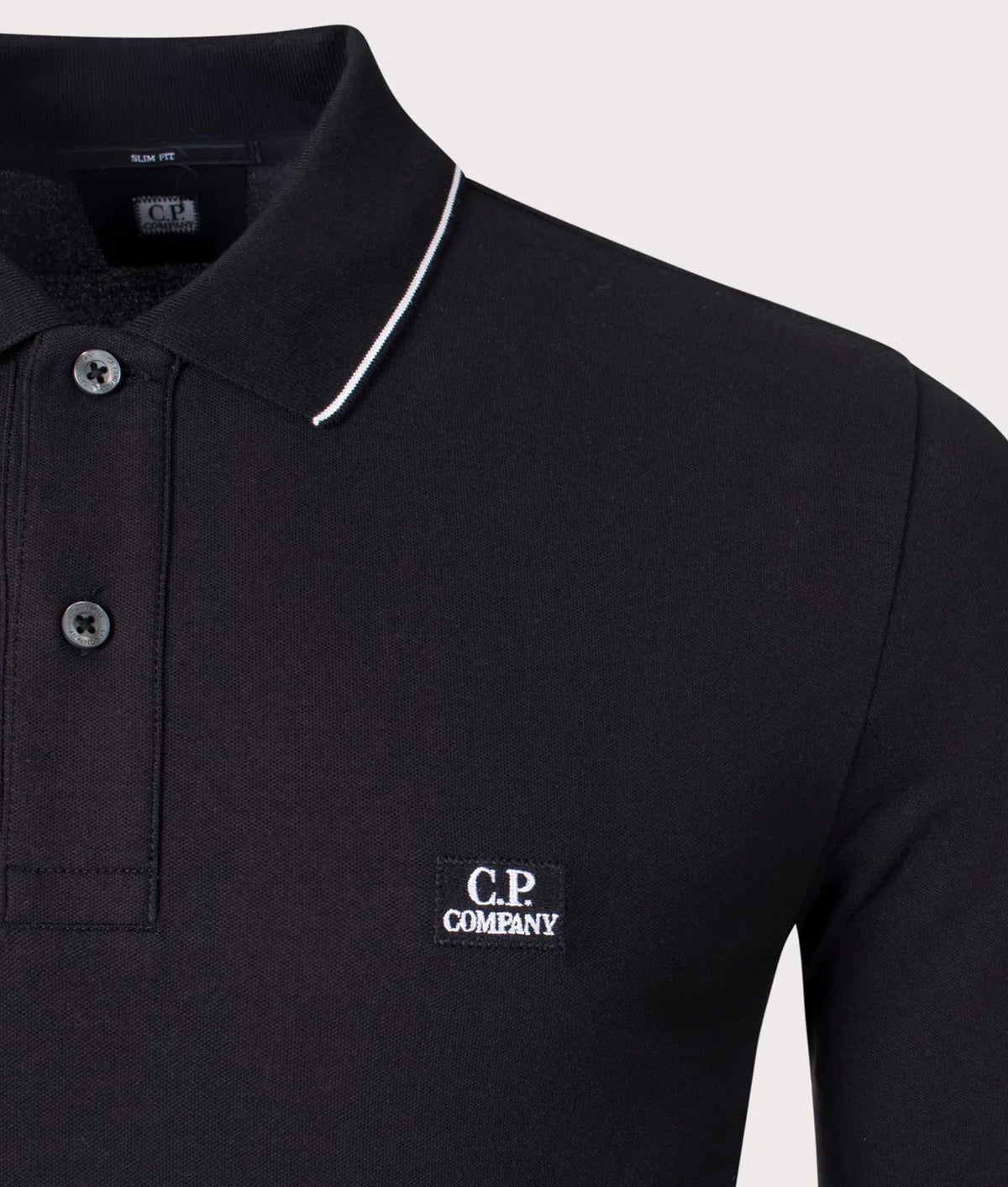 Cp Company 070A Slim Fit Long Sleeve Stretch Piquet Polo Shirt in Black
