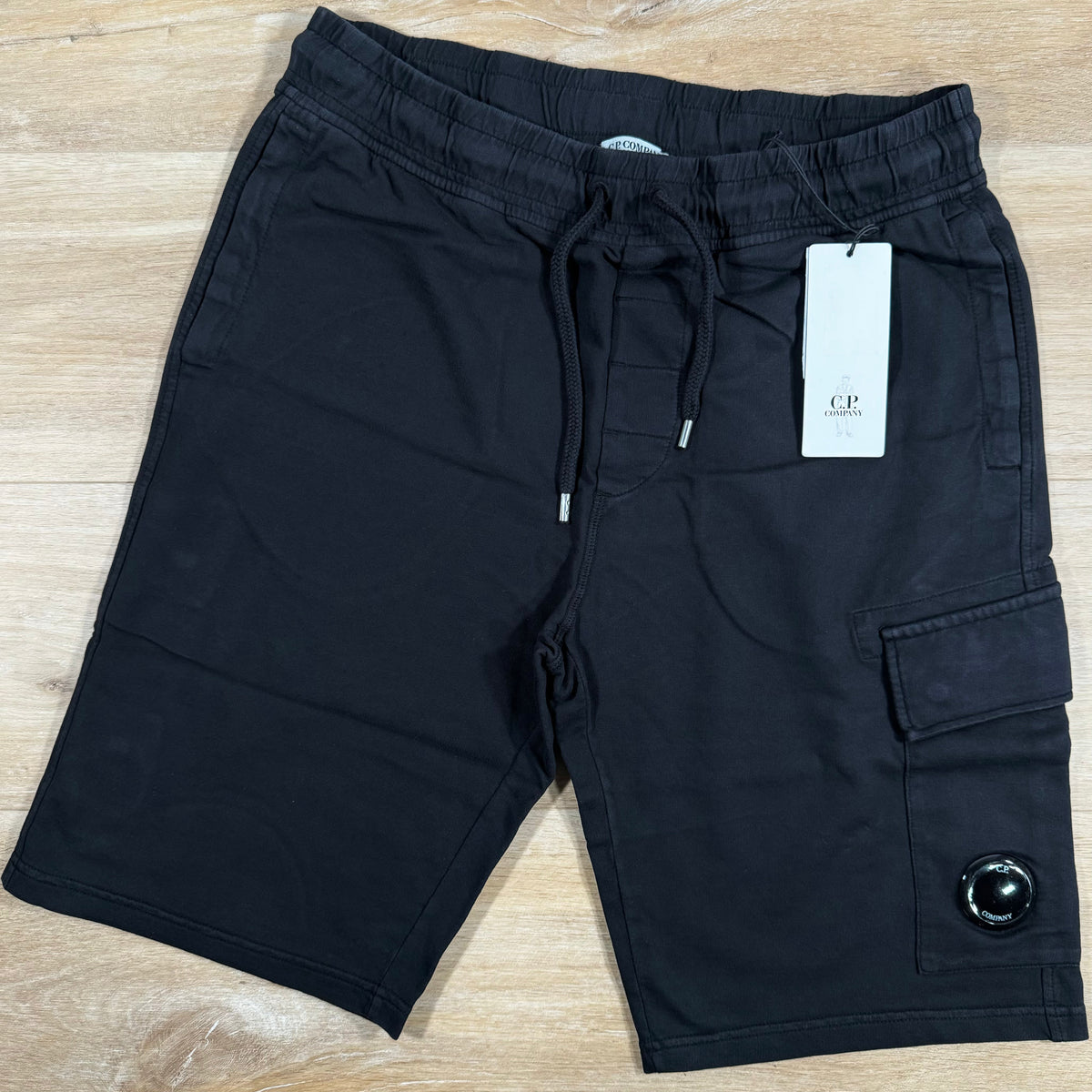 C.P. Company Light Fleece Cargo Lens Shorts in Black